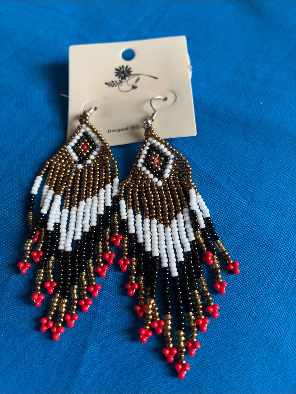 Beaded Fringe Earrings - Gold, White, Black & Red